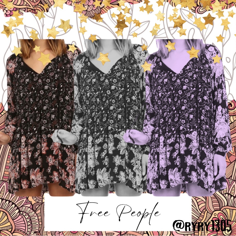 🌻Women’s Free People Lucky Loosey Floral Print Boho Mini Dress Onyx Combo Sz S - Picture 3 of 16